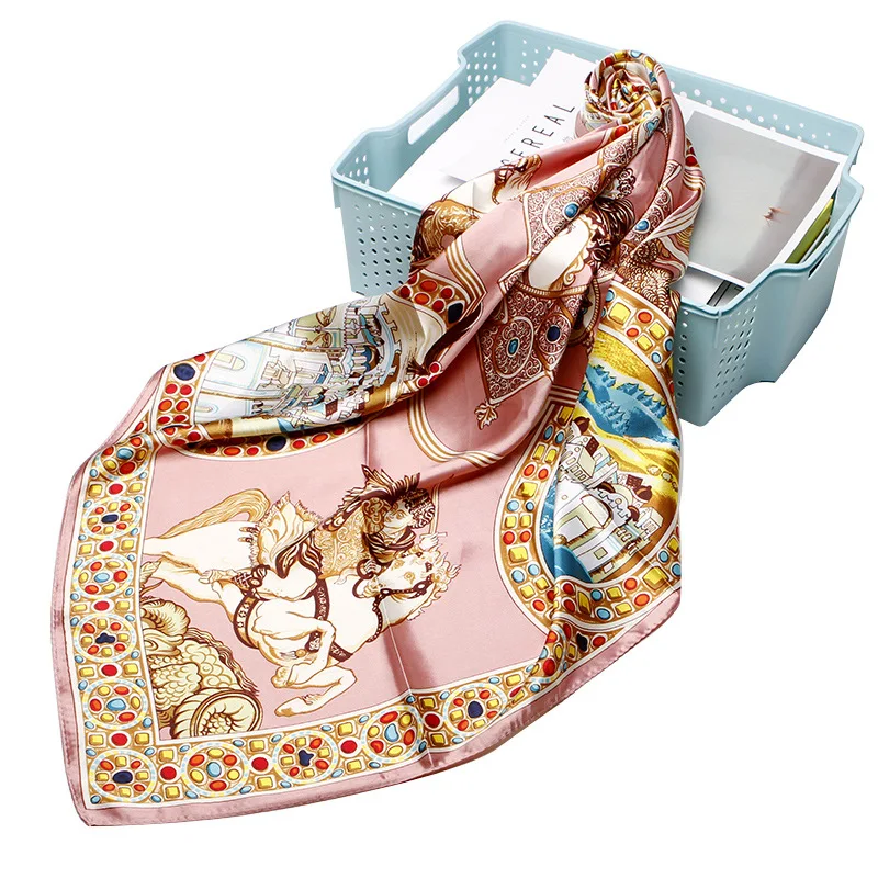 

Scarf Women Fashion Designer Beautiful Flowers Foulard Soft Satin Shawl Scarfs Kerchief Square Neck Headscarf 90X90cm WJ114