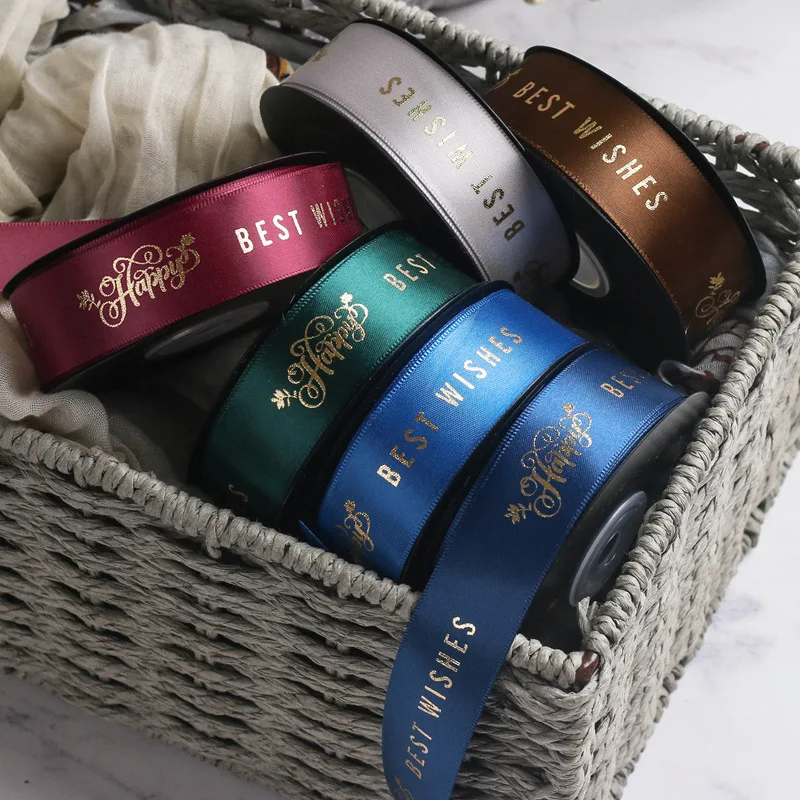 

20yards hot sale Bronzing happy best wishes letter printing polyester ribbon flowers festival greetings ribbon gift packaging