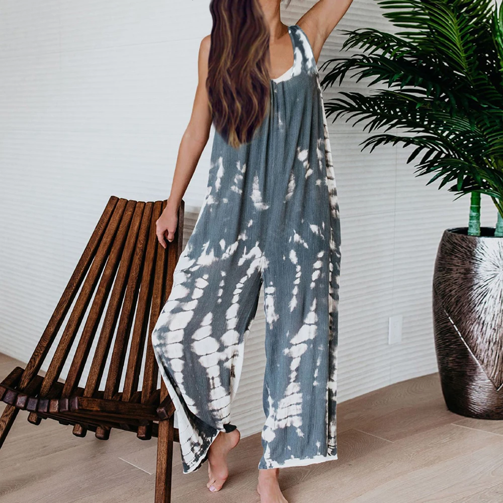 

2021 Women Printed Rompers Vintage Jumpsuit Female Casual Loose Wide Leg Pants Long Beach Geometric Overalls Plus Size