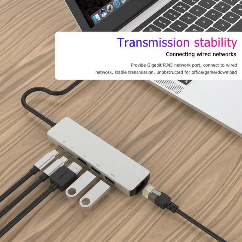 6 в 1 type-C USB 3,1 type-C док-станция хаб-конвертер USB-C 4K HDMI 2 USB 3,0 PD RJ45 Adpter для ноутбука с интерфейсом type-C