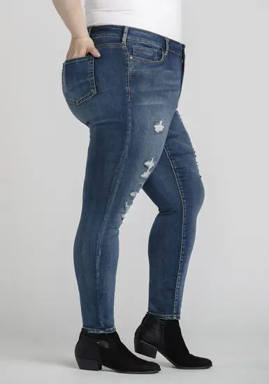 

Women plus size middle waist jeans skinny ripped pencil pants custom logo print on product and package from 1pc dropship