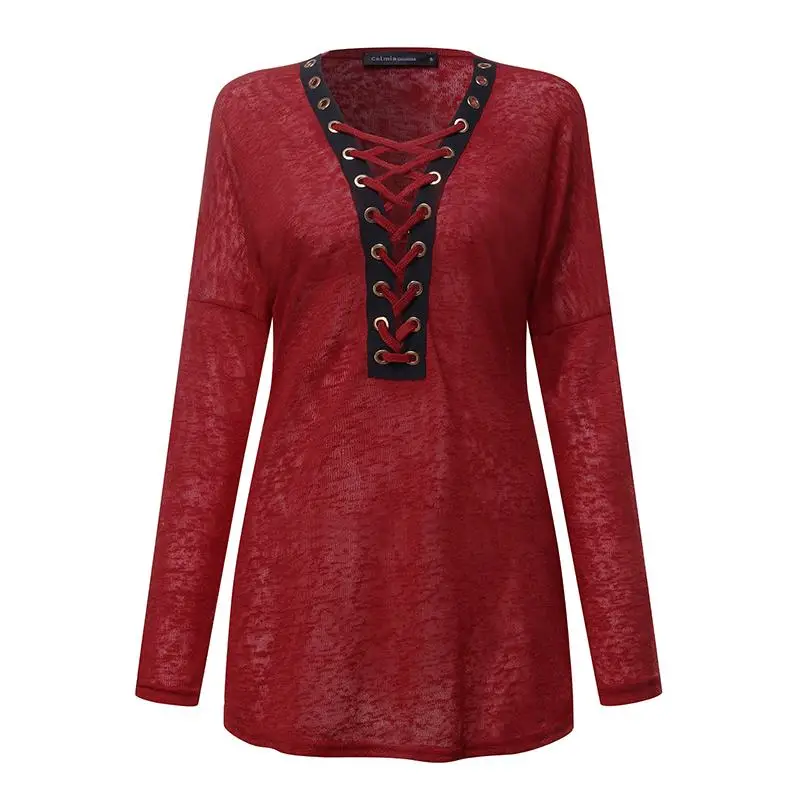 

Женская тонкая дышащая рубашка для фитнеса, Повседневная Блузка с длинным рукавом и глубоким V-образным вырезом на шнуровке для весны и осен...