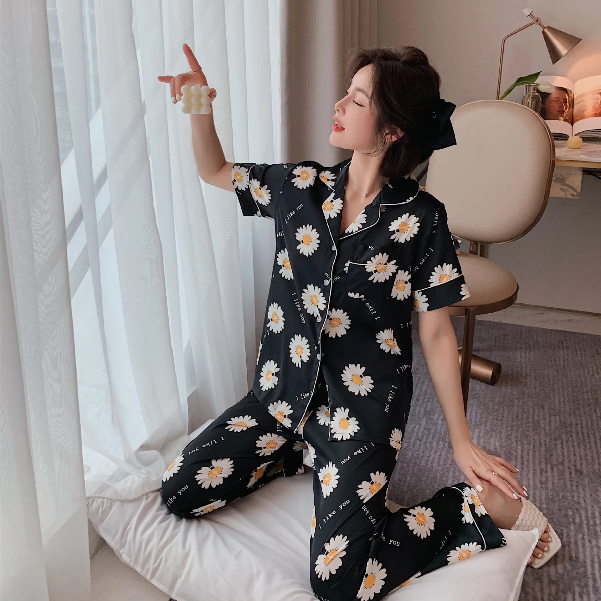 Пижама женская из вискозного волокна тонкий костюм с короткими рукавами и