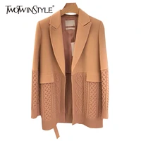 twotwinstyle korean fashion female blazer notched long sleeve patchwork knitted straight loose coats for women autumn stylish