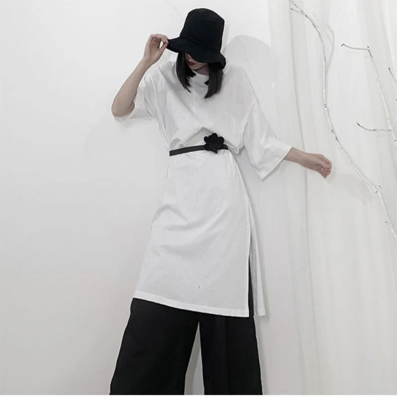 Женские новые летние круглый воротник сплошной цвет с длинными разрезами