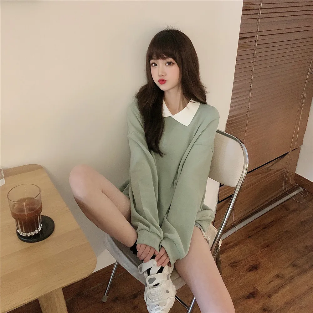 Autumn Oversized Turn-down Collar Sweatshirts Womens Kawaii Long-sleeved Lapel Small Fresh Pullover Hoodies Femmes Sweetshirts