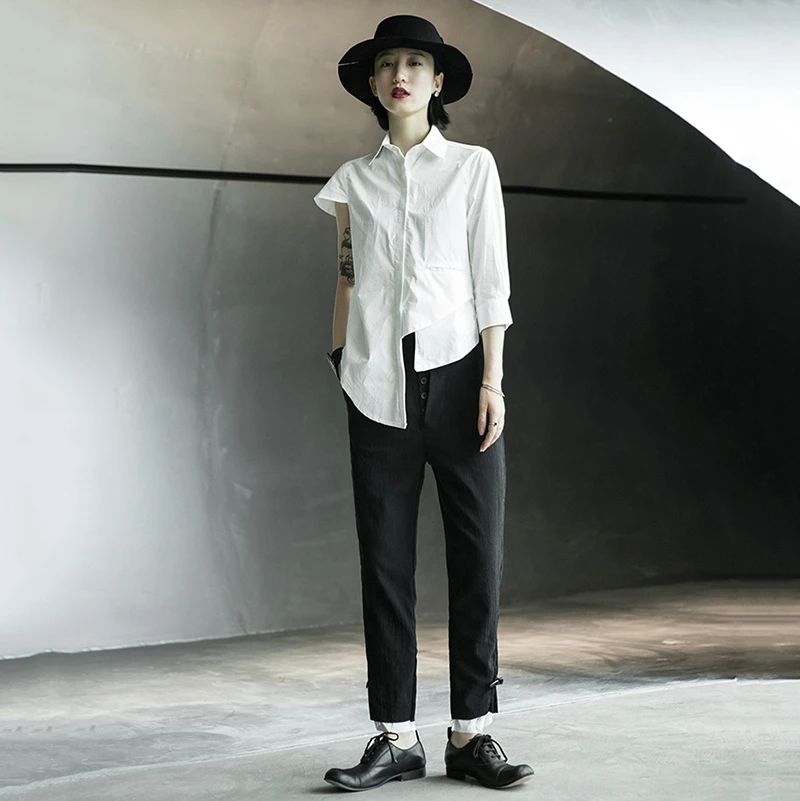 

[EAM] High Waist Black Contrast Color Long Linen Trousers New Loose Fit Pants Women Fashion Tide Spring Summer 2021 1X001