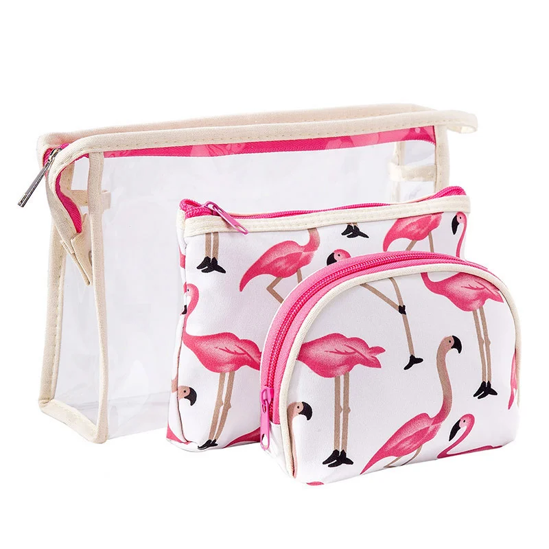

New PVC Three-piece Cosmetic Bag Flamingo Lady Cosmetic Storage Bag Set Waterproof Transparent Toiletry Bag Wholesale