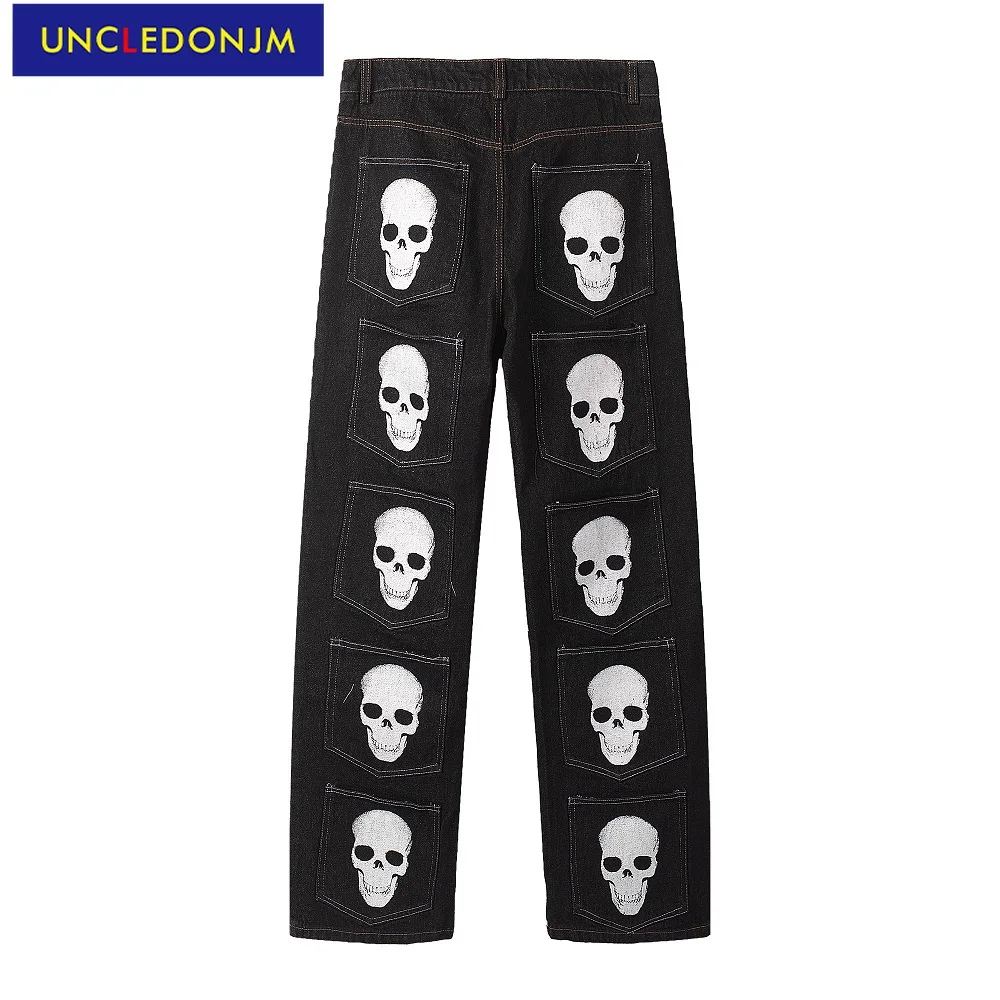 

UNCLEDONJM Skulls printed jeans men street wear distressed jeans men designer jeans for men graffiti jeans cargo pants men 058