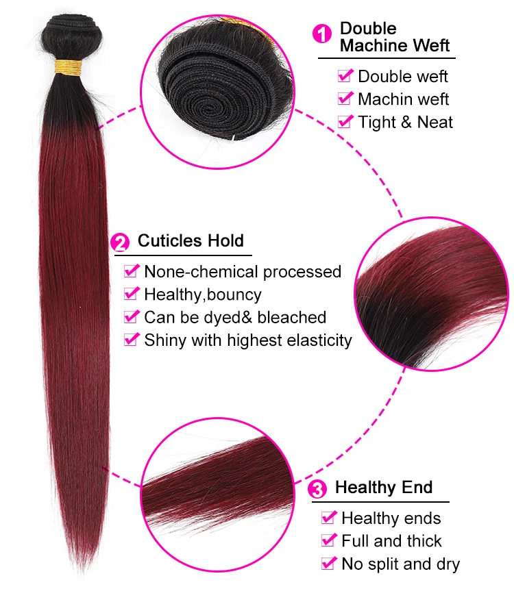 Омбре человеческие волосы 3 пряди с закрытием 1B/99J Бургундия бразильские прямые