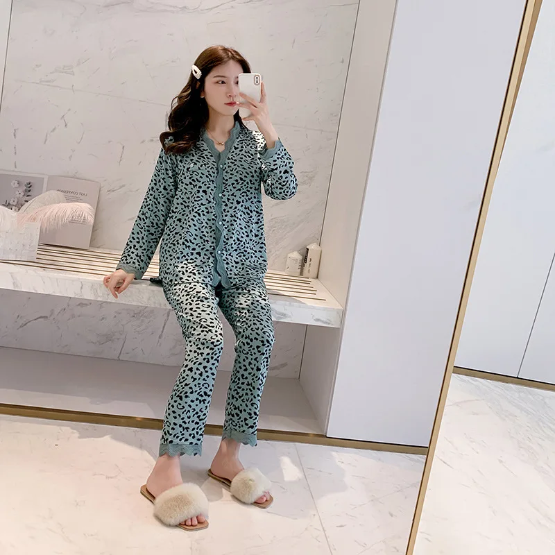 

Satin Leopard Sleepwear 2PCS Women Pajamas Set Casual Shirt&Pants 2021 New Lounge Wear Intimate Lingerie With Lace Homewear