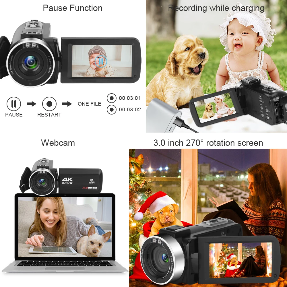 4K видеокамера 16X цифровой зум Handycam 48MP встроенный заполняющий светильник