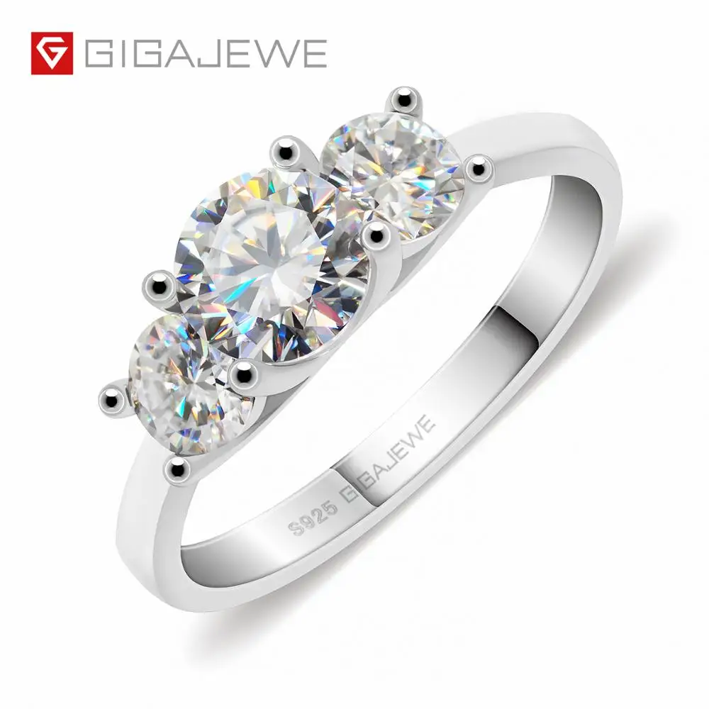 GIGAJEWE Moissanite 1.2ct 5 мм + 2x4.0мм круглая огранка EF Цвет 925 серебряное кольцо золотое