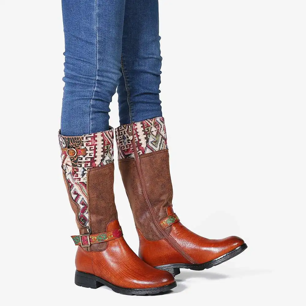 SOCOFY Botas mujer; ботинки из натуральной кожи с квадратным узором; ботинки до середины икры на мягкой плоской подошве; обувь на каблуке; женская зимняя обувь