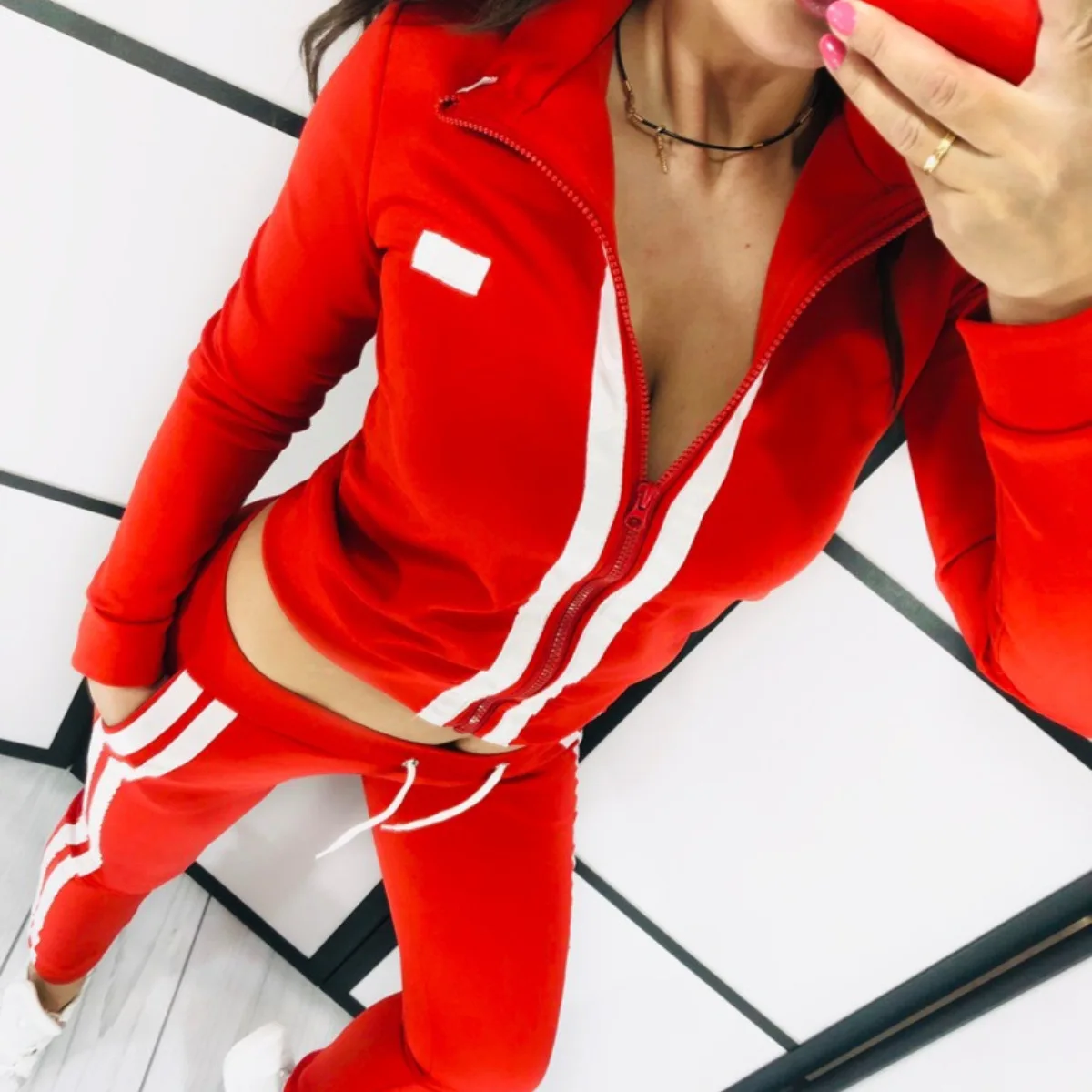

XUANSHOW Autumn Women 2 Piece Zipper Striped Coat and Long Pant Suits Tracksuit Sweatsuit Jogging Two Piece Set Athleisure Wear