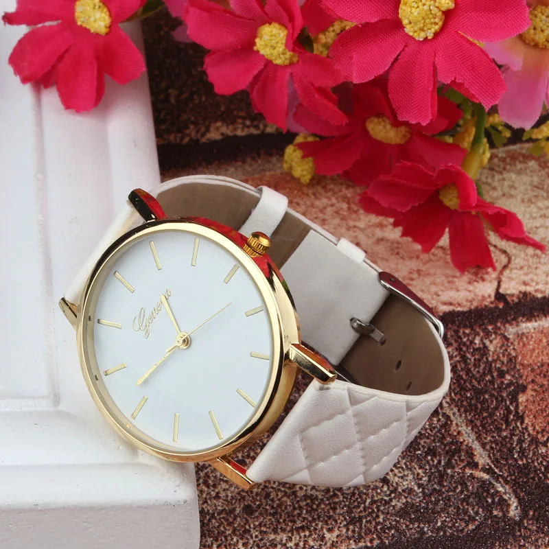 

Geneva Watches Women Casual Checkers Faux Leather Belt Quartz Analog Wristwatches Simple Stainless Steel Dial Female Watch Gift