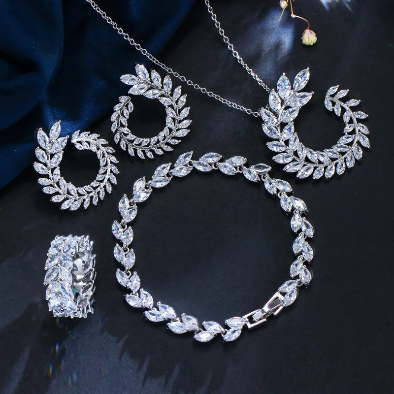 

Leaf Shape S925 Sterling Silver Fashion Luxury AAA Zircon Wedding Engagement Earring Necklace Ring Bracelet Jewelry Sets