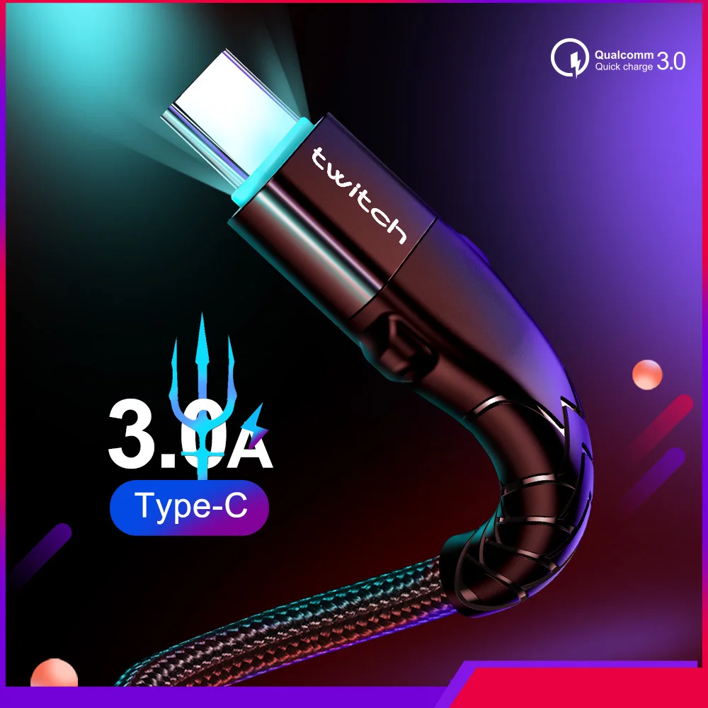 Кабель Twitch 3а usb type-C для samsung S9 S10 huawei P30 Xiaomi A2 Redmi Note 8 Quick Charge 3,0 кабель USB C для быстрой зарядки телефона
