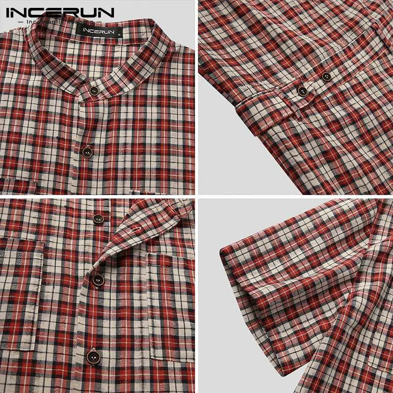 

2021 Men Plaid Rompers Stand Collar Short Sleeve Summer Casual Jumpsuits Pockets Streetwear Mens Overalls Shorts S-5XL INCERUN 7