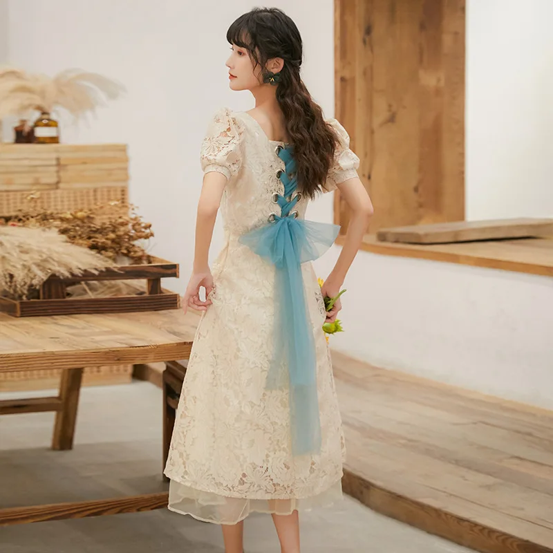 

2021 Summer Weddings Vestidos Vintage Lace Bandage Mid-calf Middle Dress Court Retro Style Bowknot A-line Receive Waist Dress