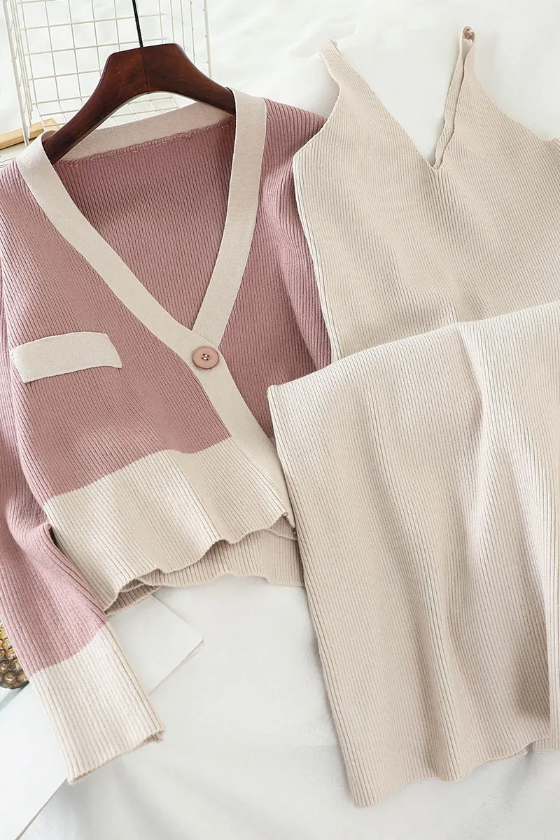 

2020 autumn and winter simple color matching short knit sweater sling, careful fashion trend, two-piece female