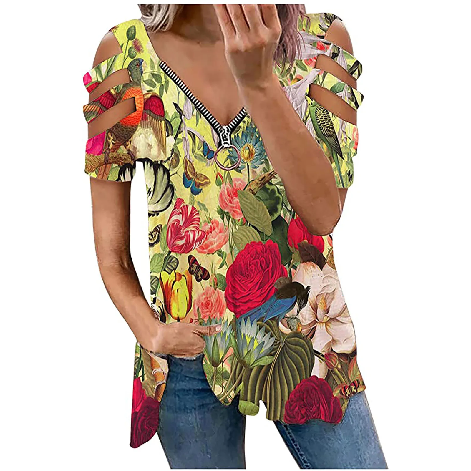 

New Ladies T-shirt Summer Sexy V-neck Zipper Strapless Short-sleeved Printed T-shirt Top Vest Fashion Casual Loose Top Shirts