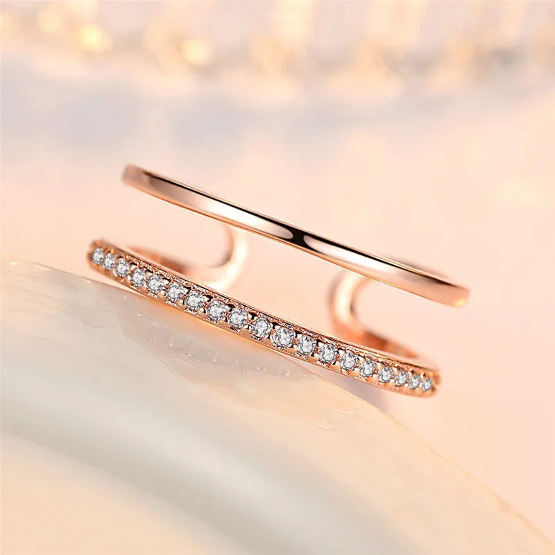 Женское Двухслойное кольцо из розового золота с фианитом | Украшения и