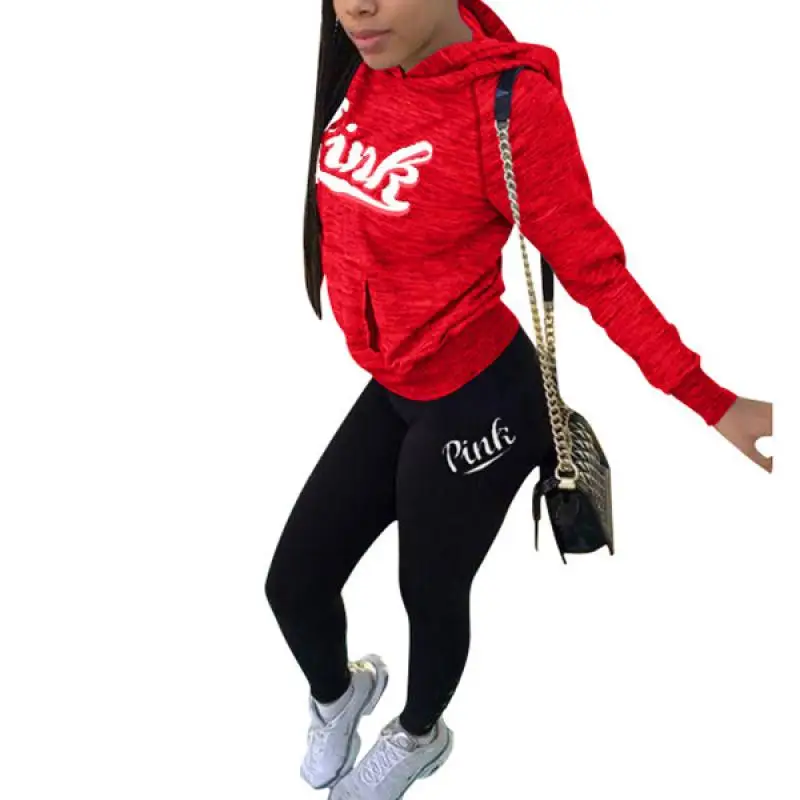 

Women Tracksuit Two Piece Set Fitness Outfit Pink Letter Women's Set Hooded Sweatshirt Legging Pants Set Active Wear