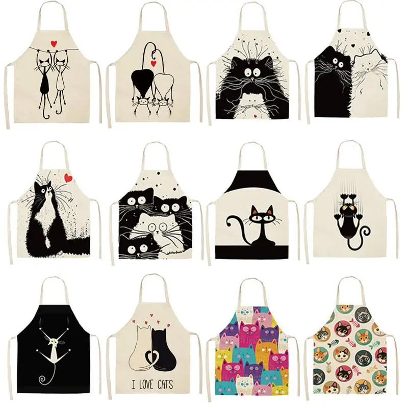 

1Pc Kitchen Apron Cute Cartoon Cat Printed Sleeveless Cotton Linen Chef Aprons for Men Women Home Cleaning Tools 53*65cm