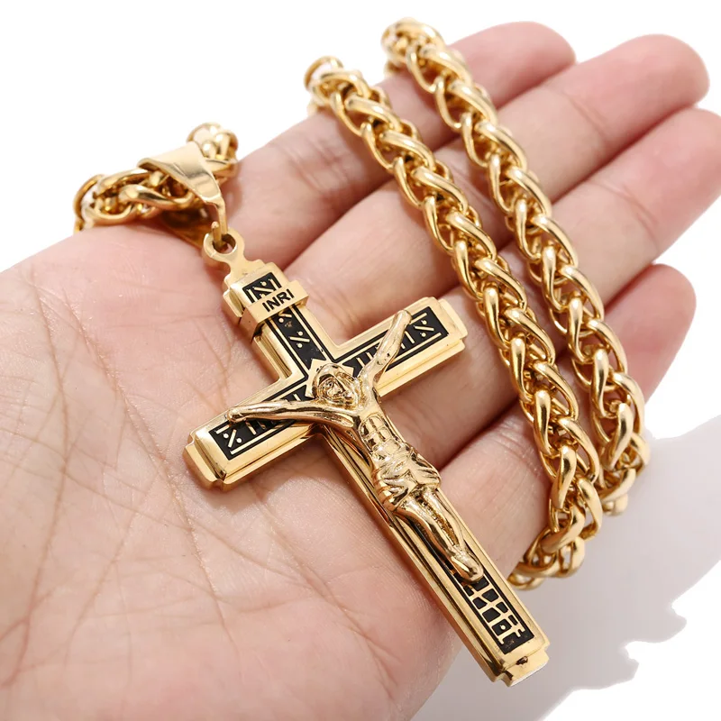 

Top Quality Stainless Steel Gold Tone Multilayer Cross 44*92mm Christ Jesus Pendant Necklace Chains For Men Jewelry Gift 24''