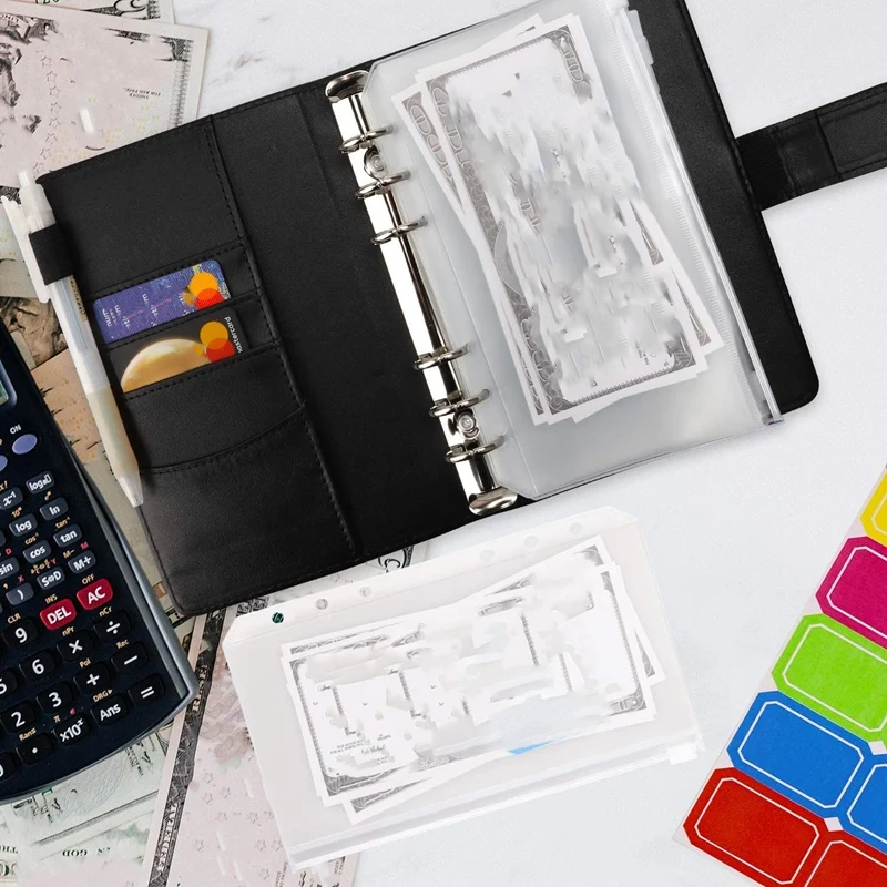 

A6 PU Leather Notebook Binder Cover with 12Pcs Binder Pockets, Binder Loose Leaf Zipper Bags Envelope System Planner