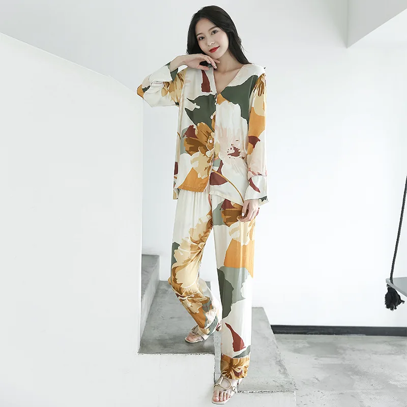 Autumn Ink Printing V-neck Long-sleeved and Long Trousers Suit Sleepwear for Ladies Large Size Cardigan Home Two-piece Clothes