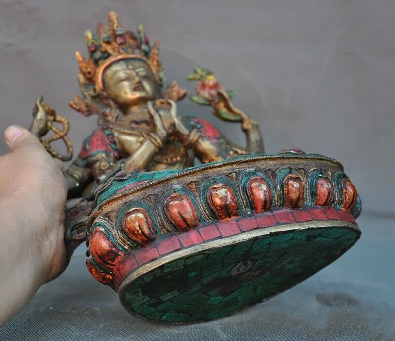 

wedding decoration 13"Bronze Gilt Inlay turquoise gem 4 Arms Chenrezig tara Kwan-Yin Buddha statue