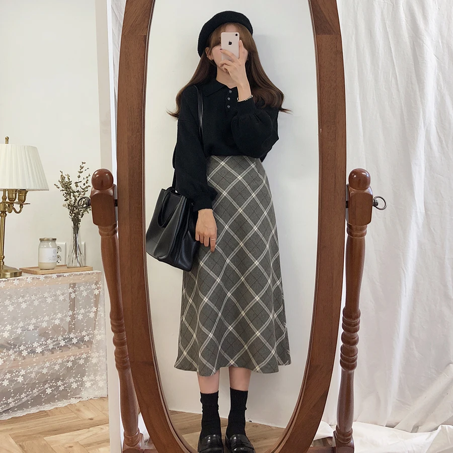 

NEW Vintage plaid Women Skirts Autumn Long Female Warm Thick Skirts Winter Mujer winter women winter High Waist skirt Girls maxi