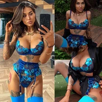 3pc embroidery lace sexy lingerie woman temptation bra and thong underwear set with garter belt erotic lingerie push up bra sets