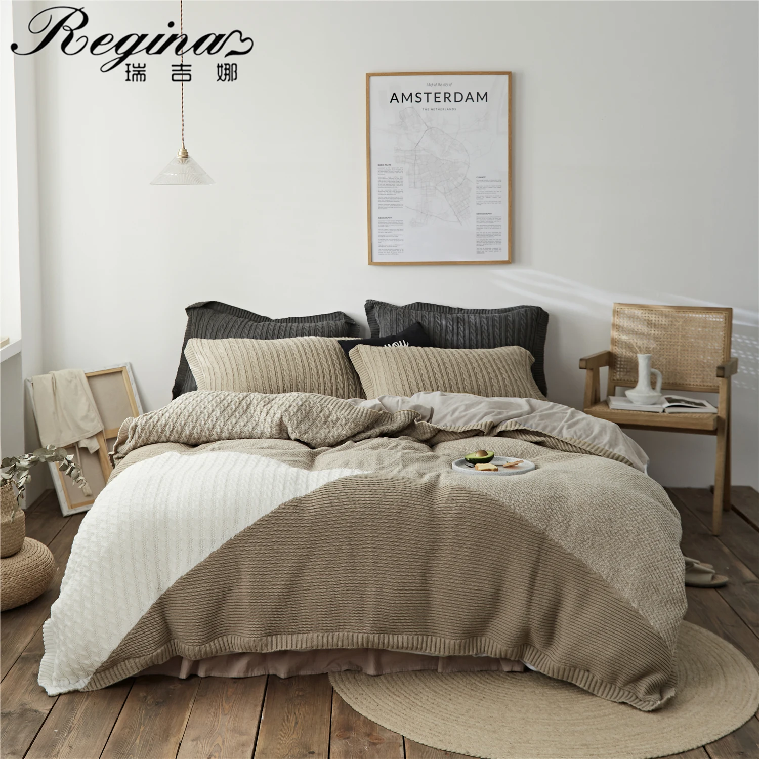 

REGINA супер мягкий теплый вязаный комплект постельного белья в скандинавском стиле контрастный цвет наволочка пододеяльник простыня костюм ...