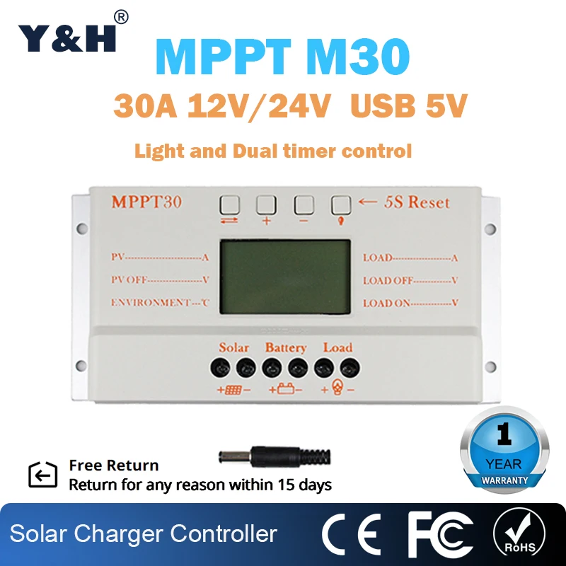 

MPPT 30A LCD Solar Charge Controller 12V 24V Auto Switch 30A Solar Panel Controller With Display Load Light and Timer Control