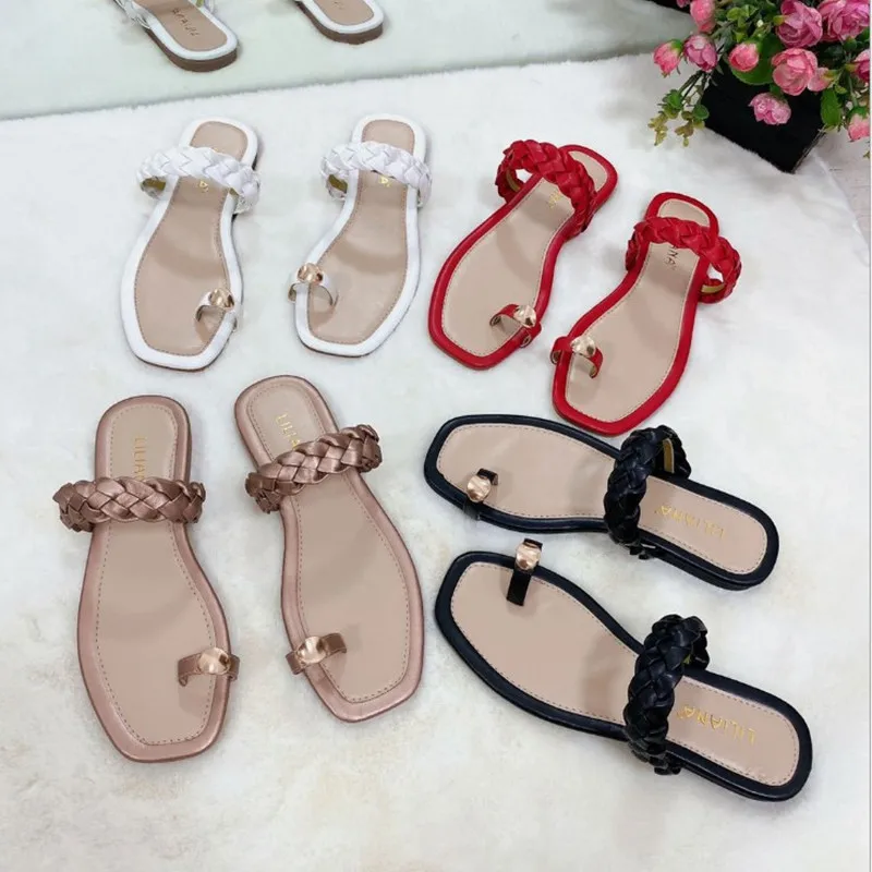 

Plus Size Slippers braided toe metal decoration outdoor female slippers Solid color flat bottom Plus Size Slippers 2021 fashion