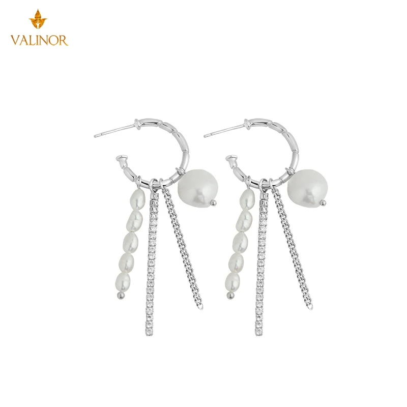 

Simple light luxury cold wind pearl zircon chain tassel earrings 925 sterling silver DLGC133