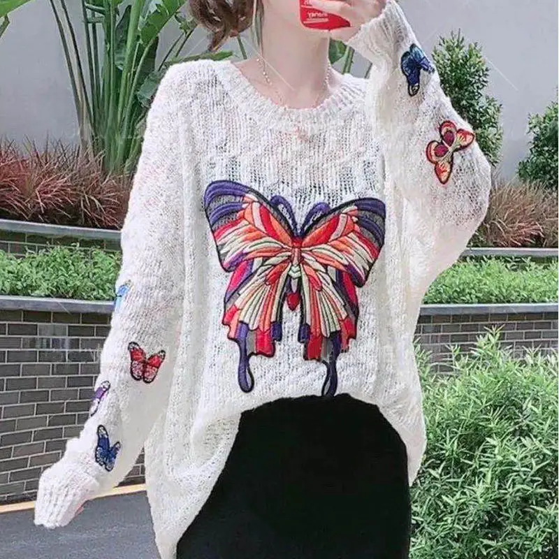 

Женская трикотажная футболка с вышивкой бабочки, новый осенний пуловер с длинным рукавом, женские топы, модные белые майки, бесплатная дост...