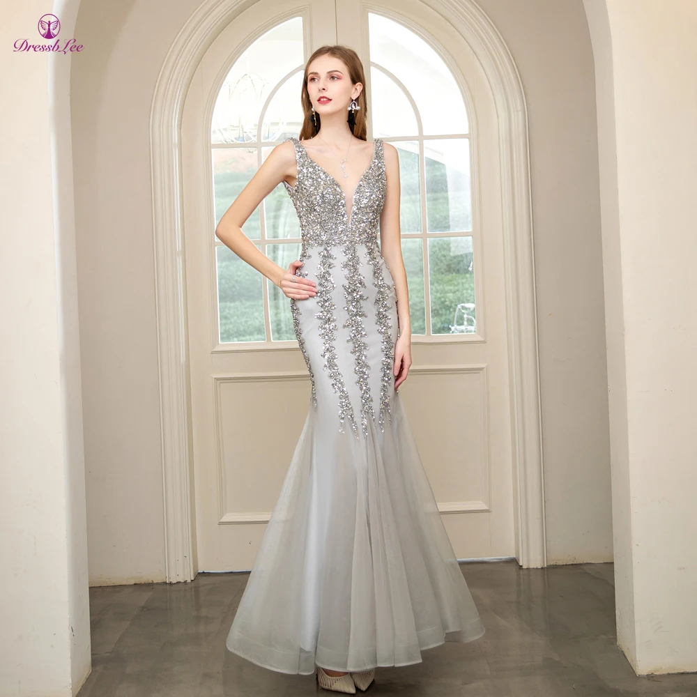 

DressbLee Серебристые юбки бриллиантовые Длинные Выпускные платья с кристаллами прозрачные с открытой спиной Сексуальные вечерние платья
