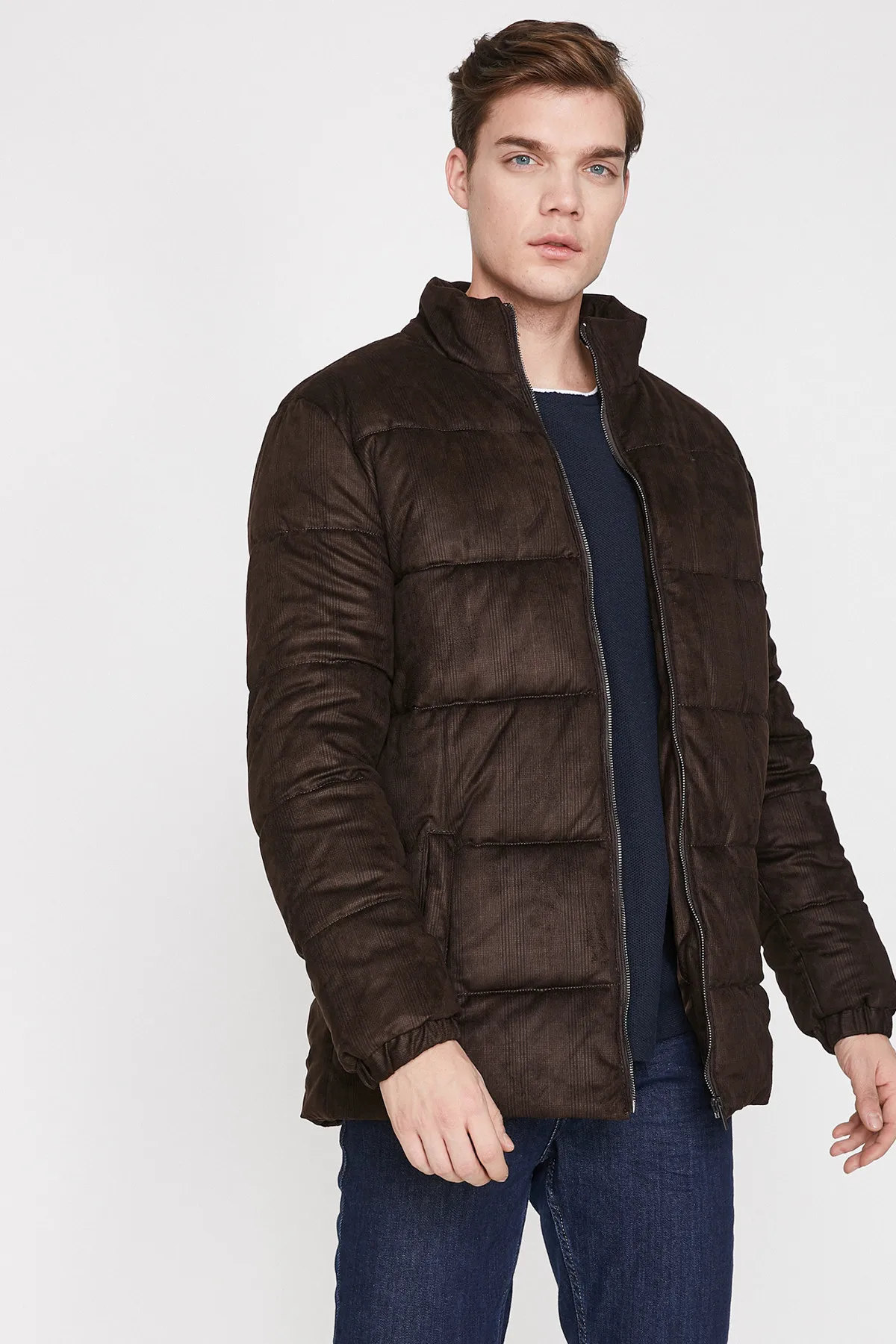 Koton мужской кофе с высоким воротником длинным рукавом Карманный деталь Надувное