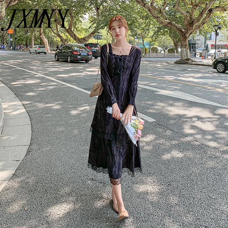 JXMYY Elegant Temperament Dress 2021 Fashion New Female Tie-Dye With Lace Little Black Cold Wind High-End Long Skirt | Женская одежда