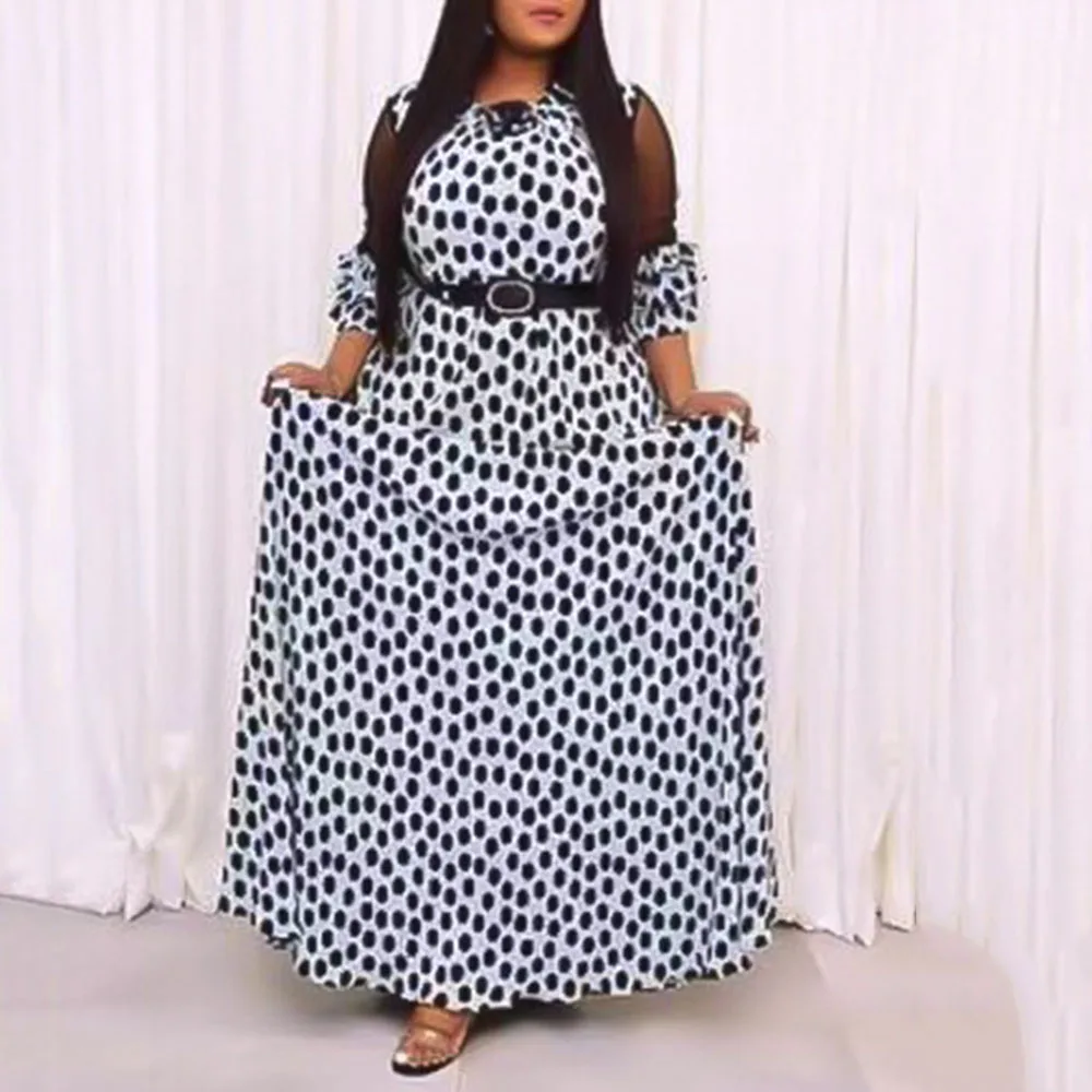 

2021 Summer New African Oversize Women's Dress Fashion Casual Wave Point Flared Sleeves Round Neck Lace Sexy Perspective