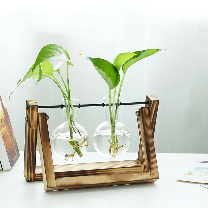 

Creative Hydroponic Plant Transparent Vase Wooden Frame Terrarium Tabletop Plant Bouquets Bonsai Decoration Glass Flower Vases