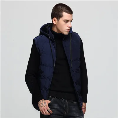 Dark Blue Новое поступление, осенне-зимний жилет для мужчин, повседневный модный теплый жилет с капюшоном и карманами, мужская куртка без рукавов, мужской жилет - Цвет: Dark Blue