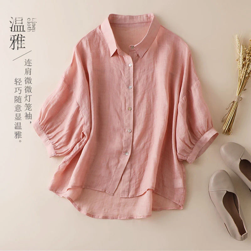 

2020 Summer New Korea Fashion Women Half Sleeve Turn-down Collar Loose White Shirts cotton linen Casual Blouse Plus Size M140