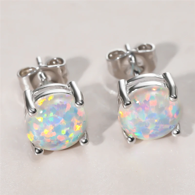 

Simple Female White Opal Stone Earring Charm Silver Color Small Stud Earrings Luxury Bride Round Wedding Earrings For Women
