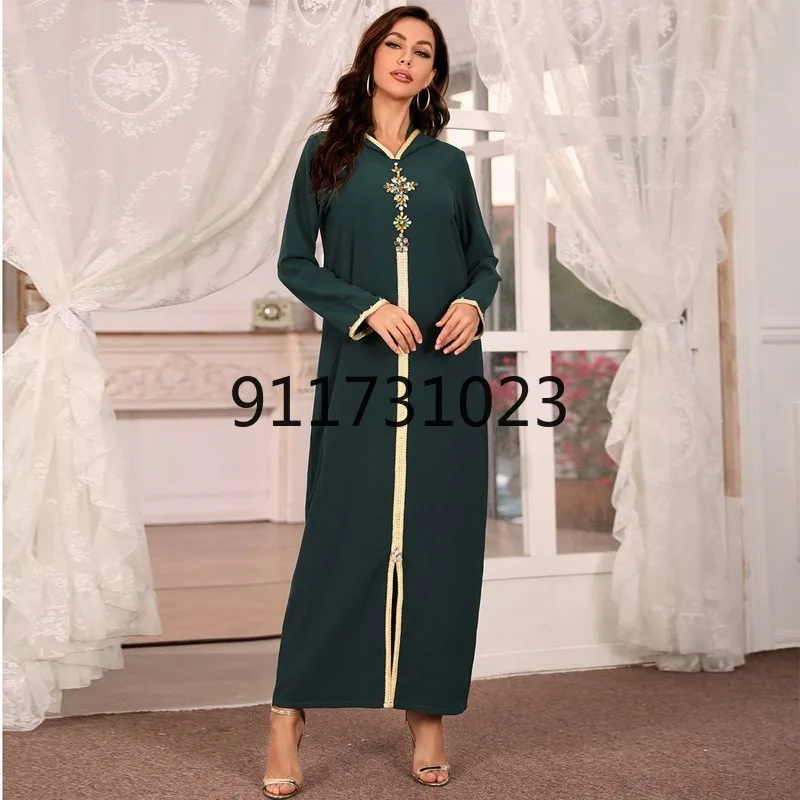 

Hooded Kaftan Dress for Women Fashion Ethnic Hand Stitch Diamond Ribbon Trim Moroccan Dubai Turkey Arabic Clothes Eid