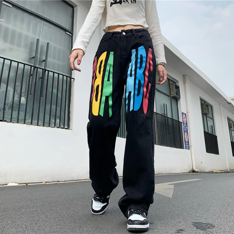 

Джинсы женские винтажные с высокой талией, свободные брюки из денима с принтом надписи, прямые брюки с широкими штанинами, в уличном стиле